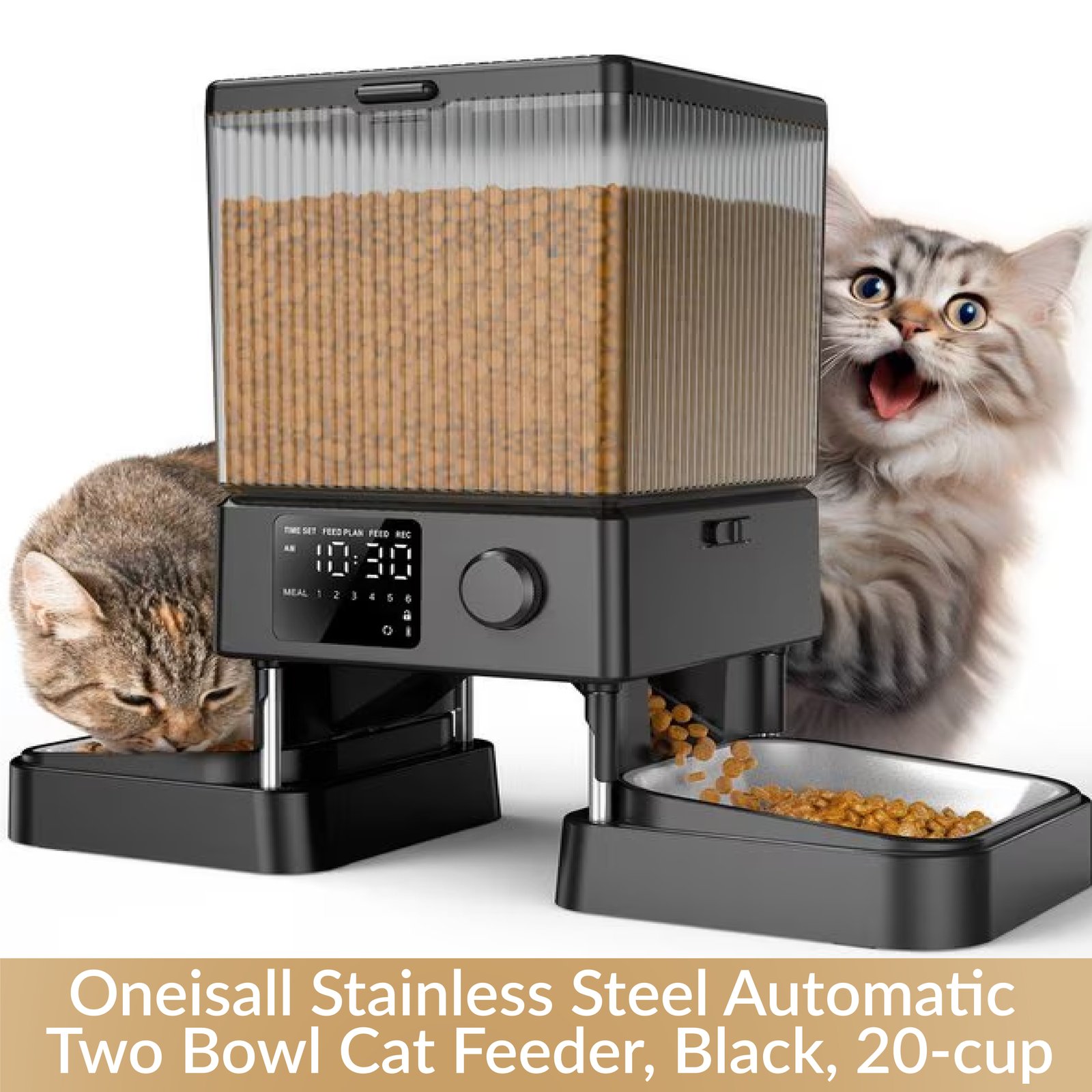 Oneisall Stainless Steel Automatic Two Bowl Cat Feeder, Black, 20-cup