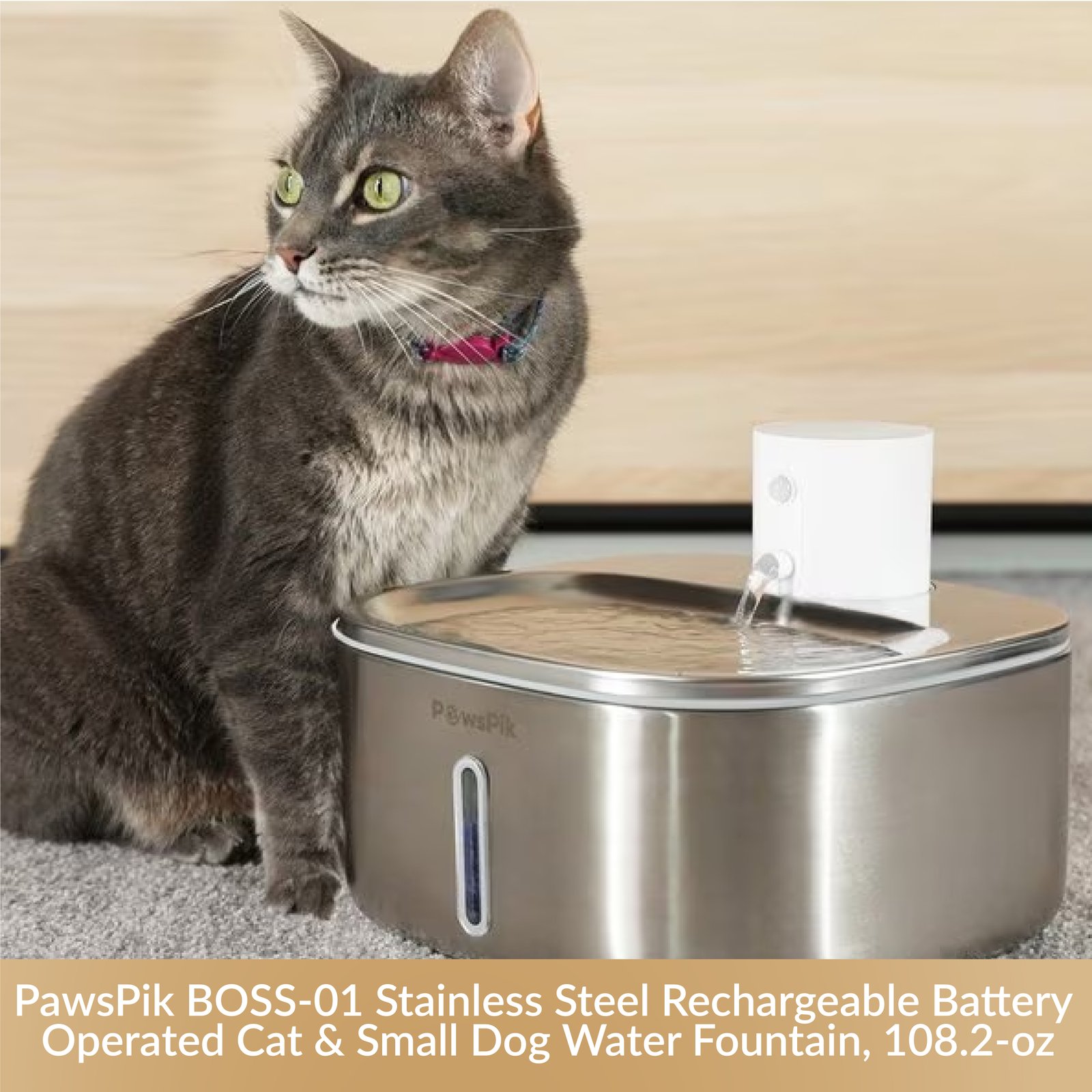 PawsPik BOSS-01 Stainless Steel Rechargeable Battery Operated Cat & Small Dog Water Fountain, 108.2-oz