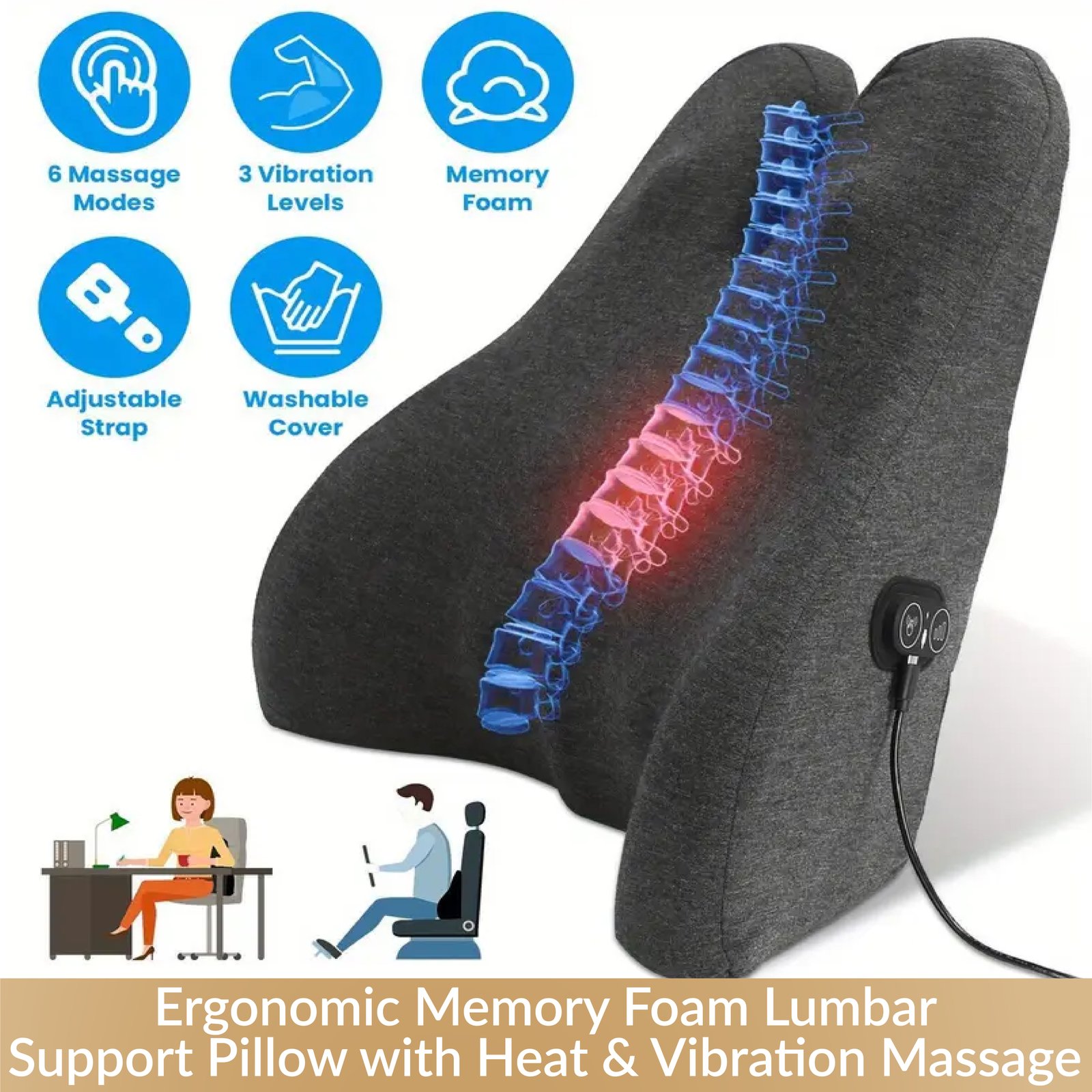 Ergonomic Memory Foam Lumbar Support Pillow with Heat & Vibration Massage