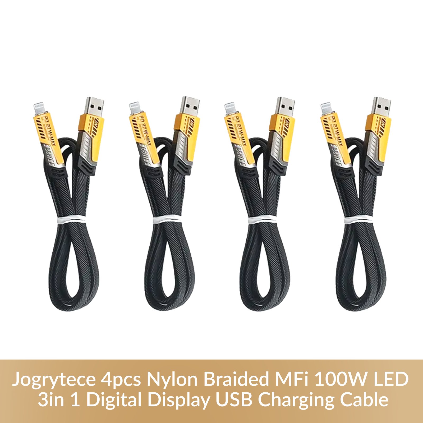 Jogrytece 4pcs Nylon Braided MFi 100W LED 3-in-1 Digital Display USB Charging Cable