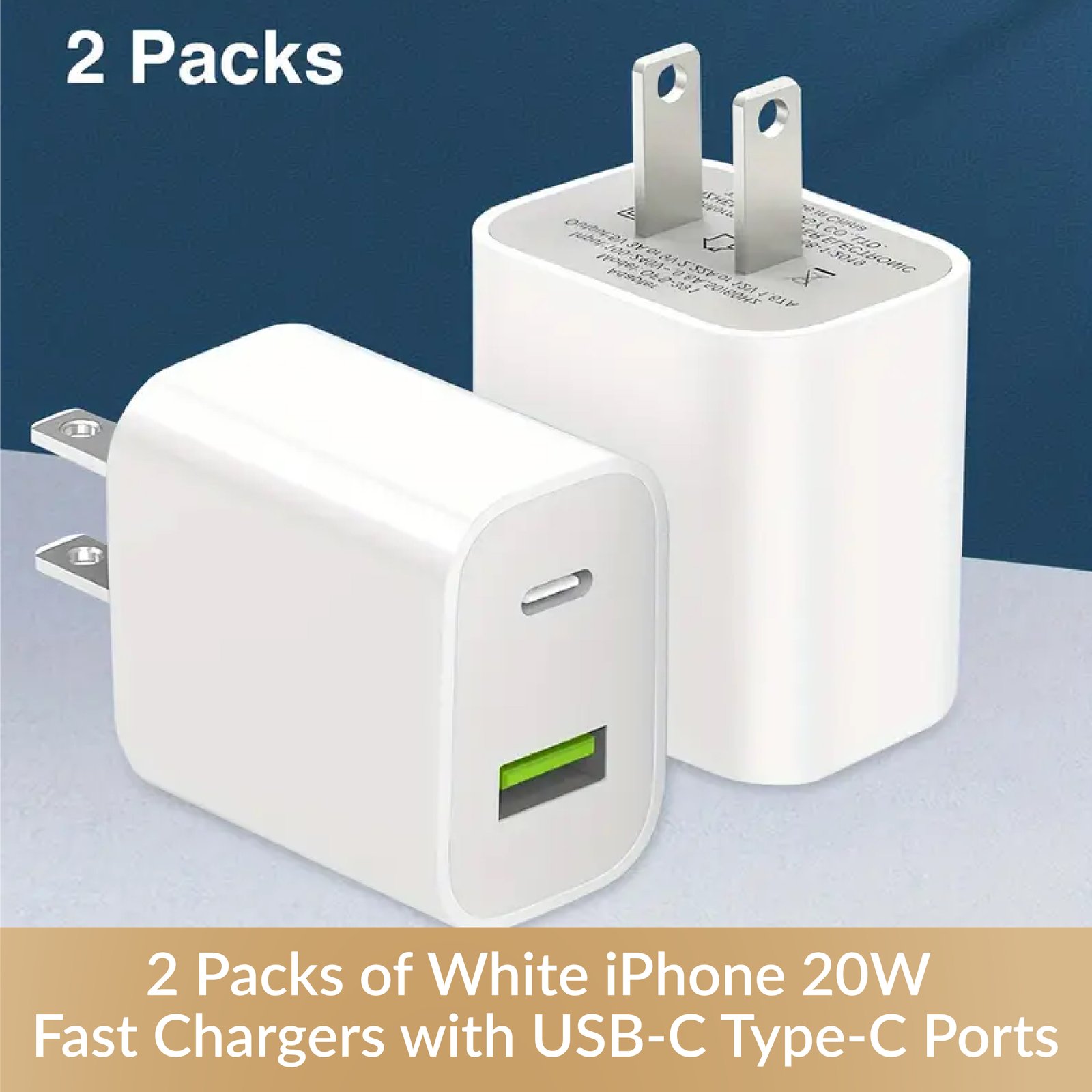 White iPhone 20W Fast Chargers with USB-C Type-C Ports (2 Packs)