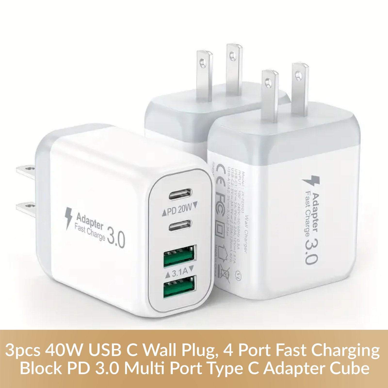 40W USB C Wall Plug, 4 Port Fast Charging Block PD 3.0 Multi Port Type C Adapter Cube (3 pcs)