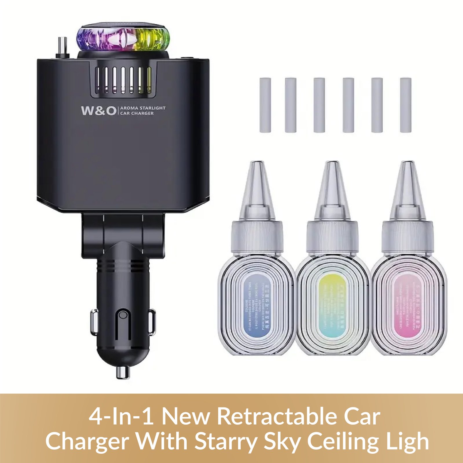 4-In-1 New Retractable Car Charger With Starry Sky Ceiling Light 